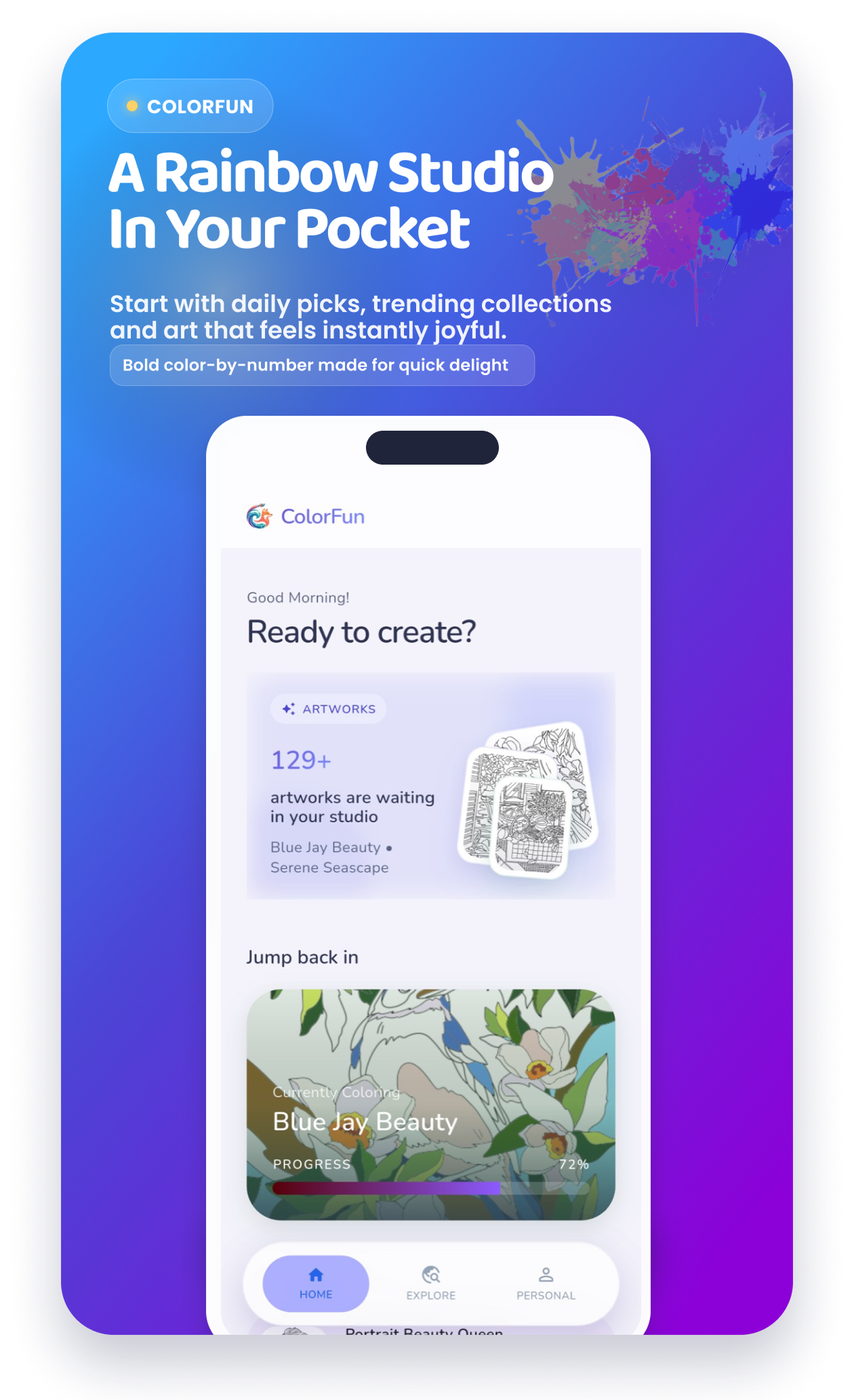 ColorFun home screen with daily artwork and progress entry points